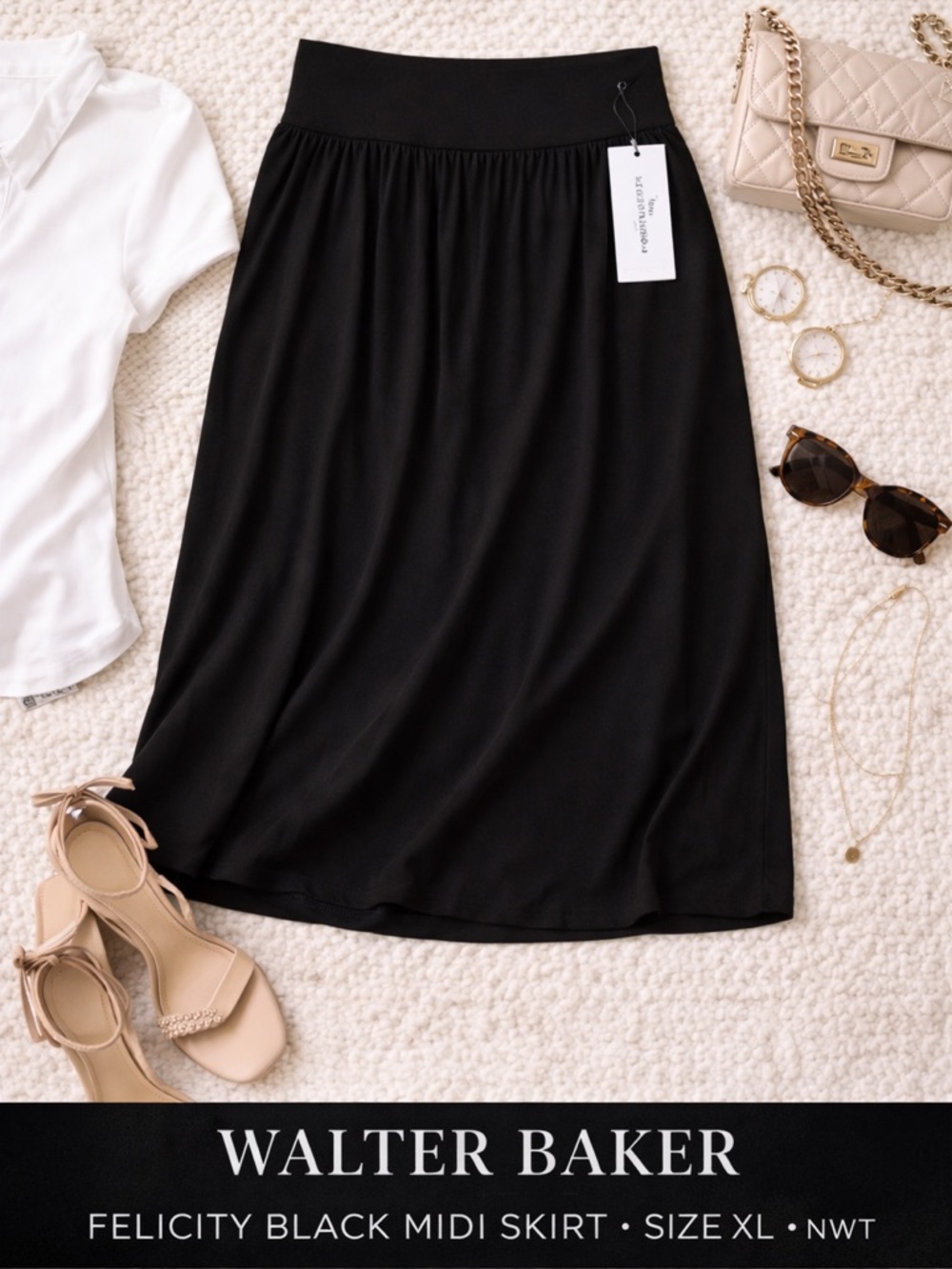 Walter Baker Felicity Black Midi Skirt XL NWT High Waist Flowy Pull On